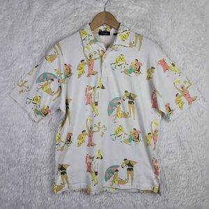 Vtg Medium Cesarani White Graphic Print Polo Shirt Vacation Beachy Preppy